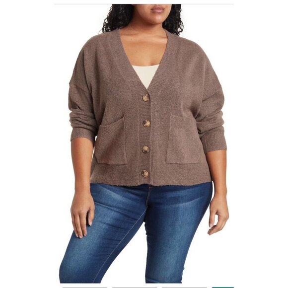 Sanctuary Womens Brown V Neck Button Front Knit Cardigan Sweater Plus Sz 2X New - Picture 1 of 8